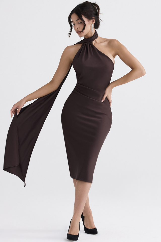 Chocolate Wrap Neck Midi Elbise