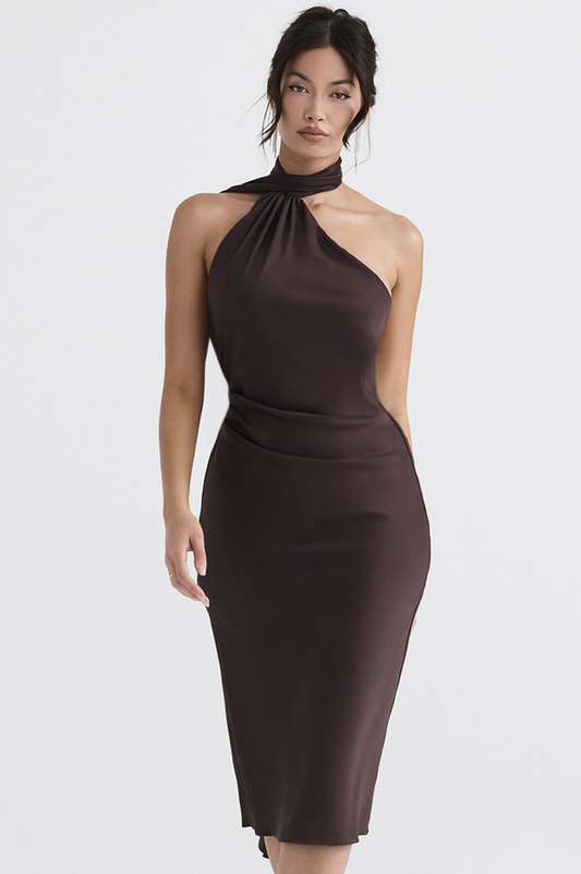 Chocolate Wrap Neck Midi Elbise