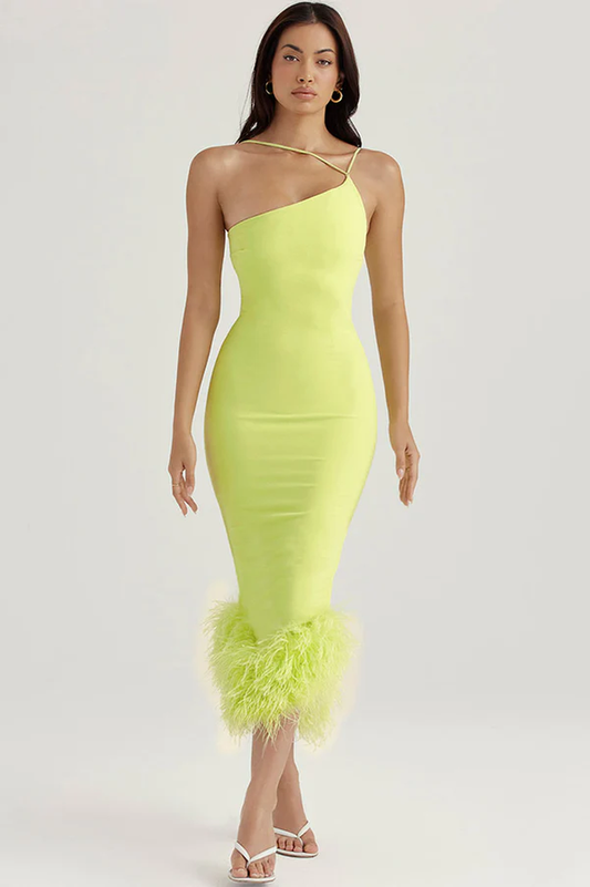 One Shoulder Halter Fur Swing Elbise