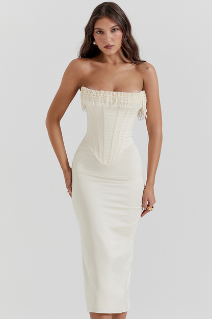 Nalita Vintage Cream Beaded Strapless Elbise