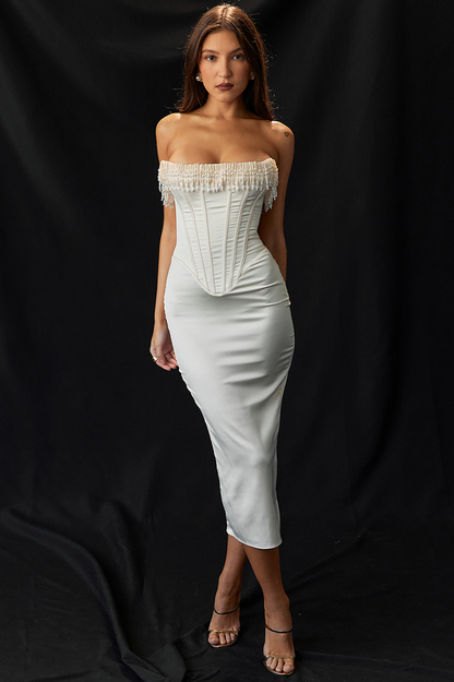 Nalita Vintage Cream Beaded Strapless Elbise