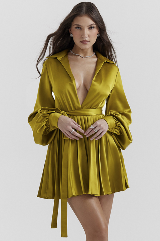 Allegra Chartreuse Pleated Shirt Elbise