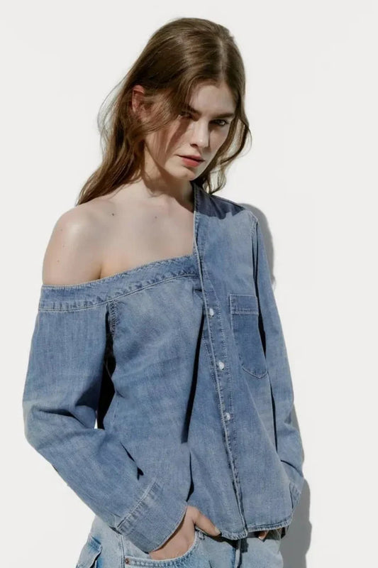 Asymmetrical Collar Denim Crop Gömlek